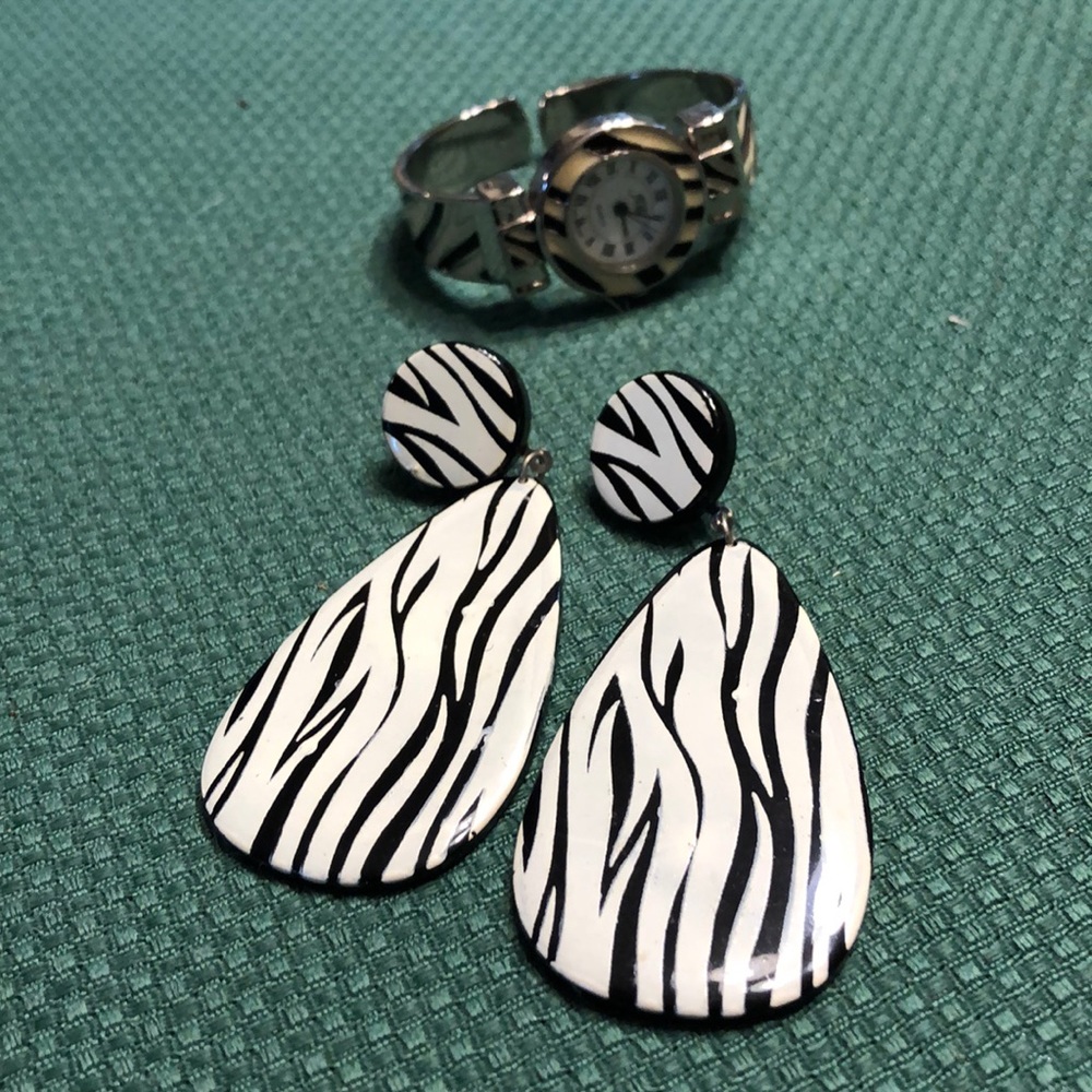 Zebra dangle earrings and watch